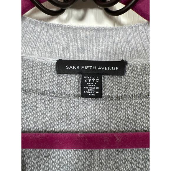 Saks Fifth Avenue Cashmere Grid Silver Metallic Open Sweater Cardigan size Small - Picture 2 of 7